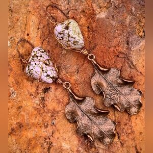 From Celtic's Grove- Lavender Turquoise & Oak Leaves In Antique Copper Earrings